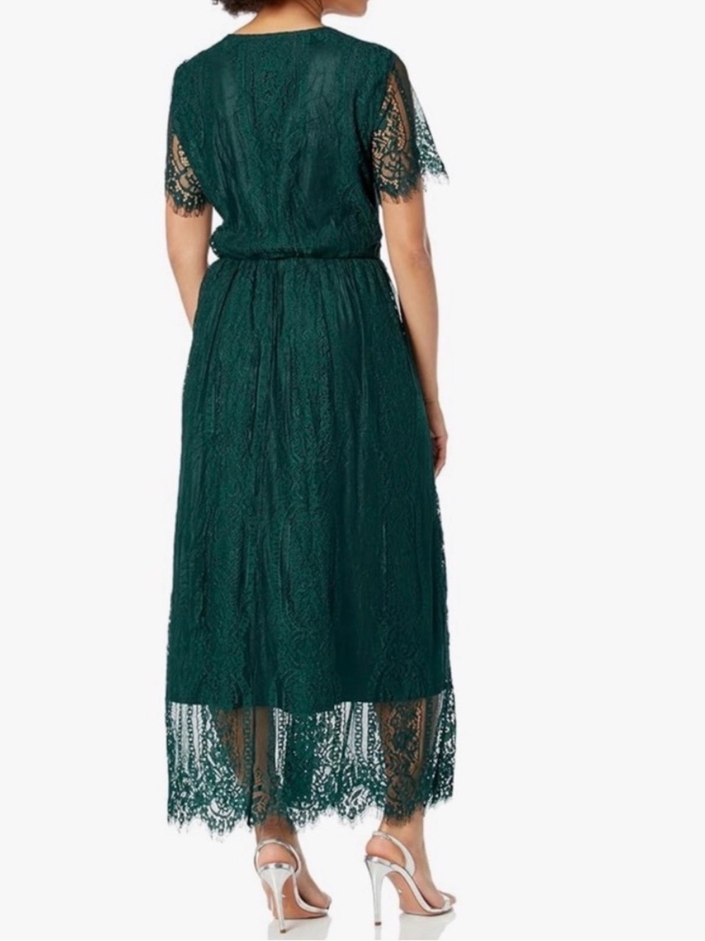 Elegant Deep Green Lace Midi Dress with V-Neck - Picture 2 of 3